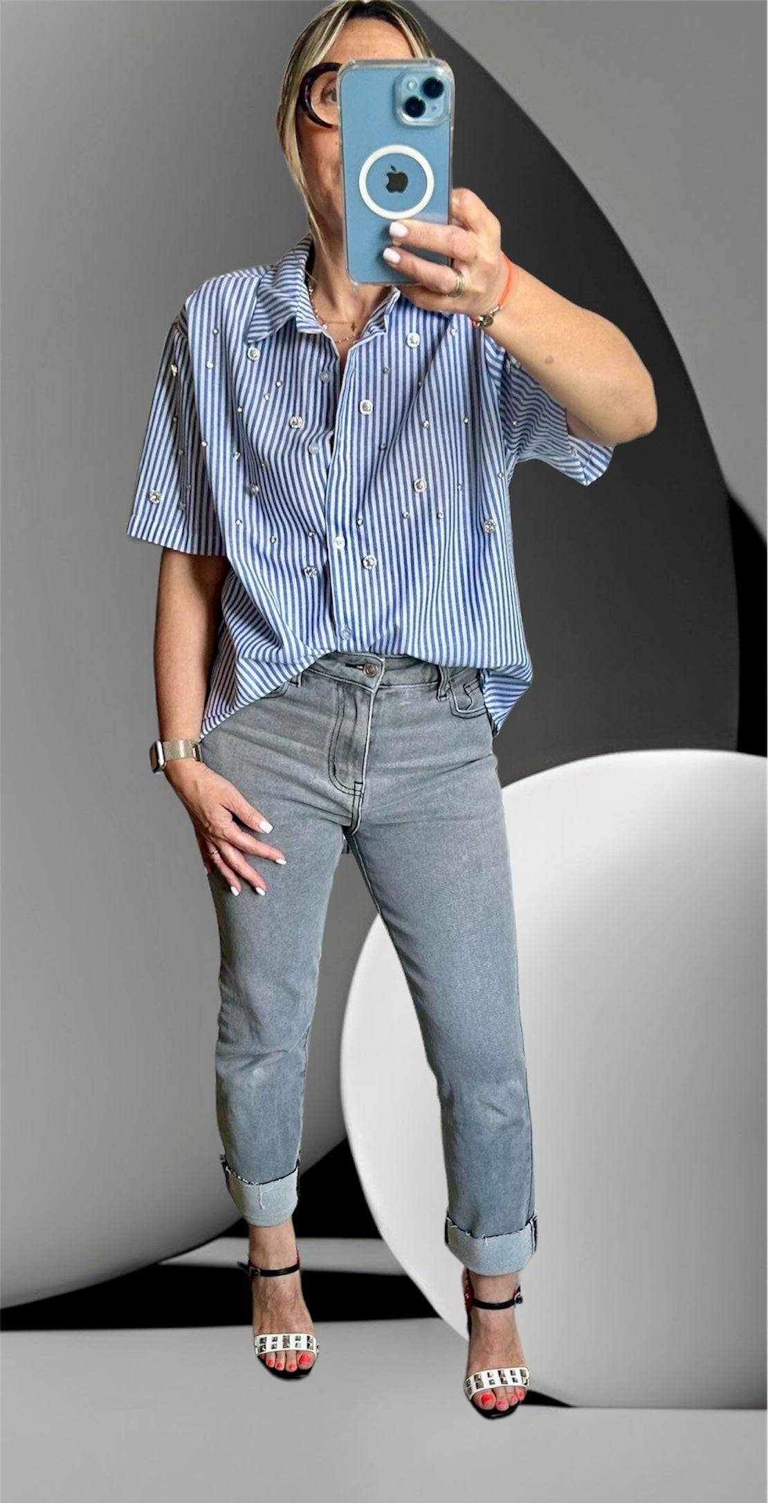 Jean coupe droite à revers taille haute gris pour femme