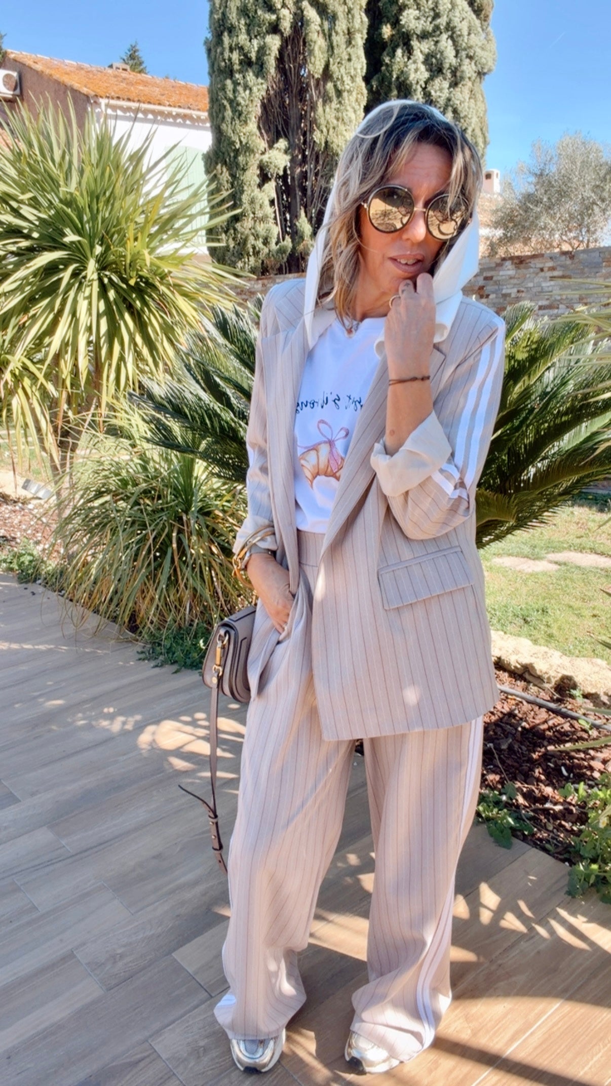 blazer beige avec rayures femme