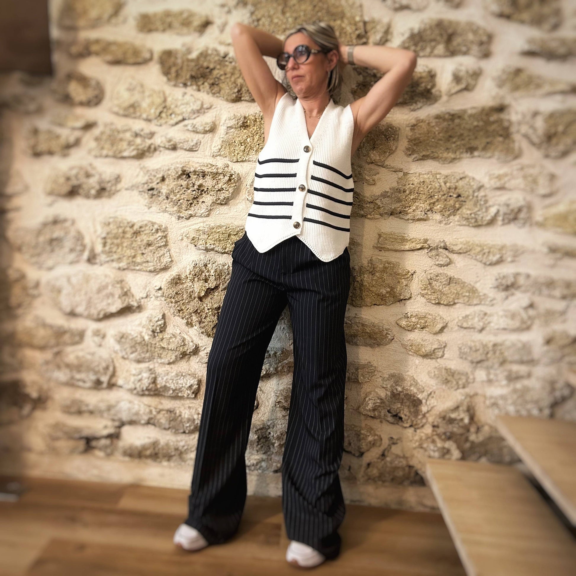 Pantalon de maternité en maille rayé - Blanc - Maternité - Femme - 20.00 Pantalon de maternité en maille rayé - Blanc - Maternité - Femme - 20.00